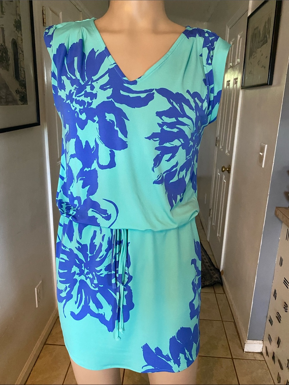 Tori Richard Aqua & Royal Blue Floral Swim Coverup Dress